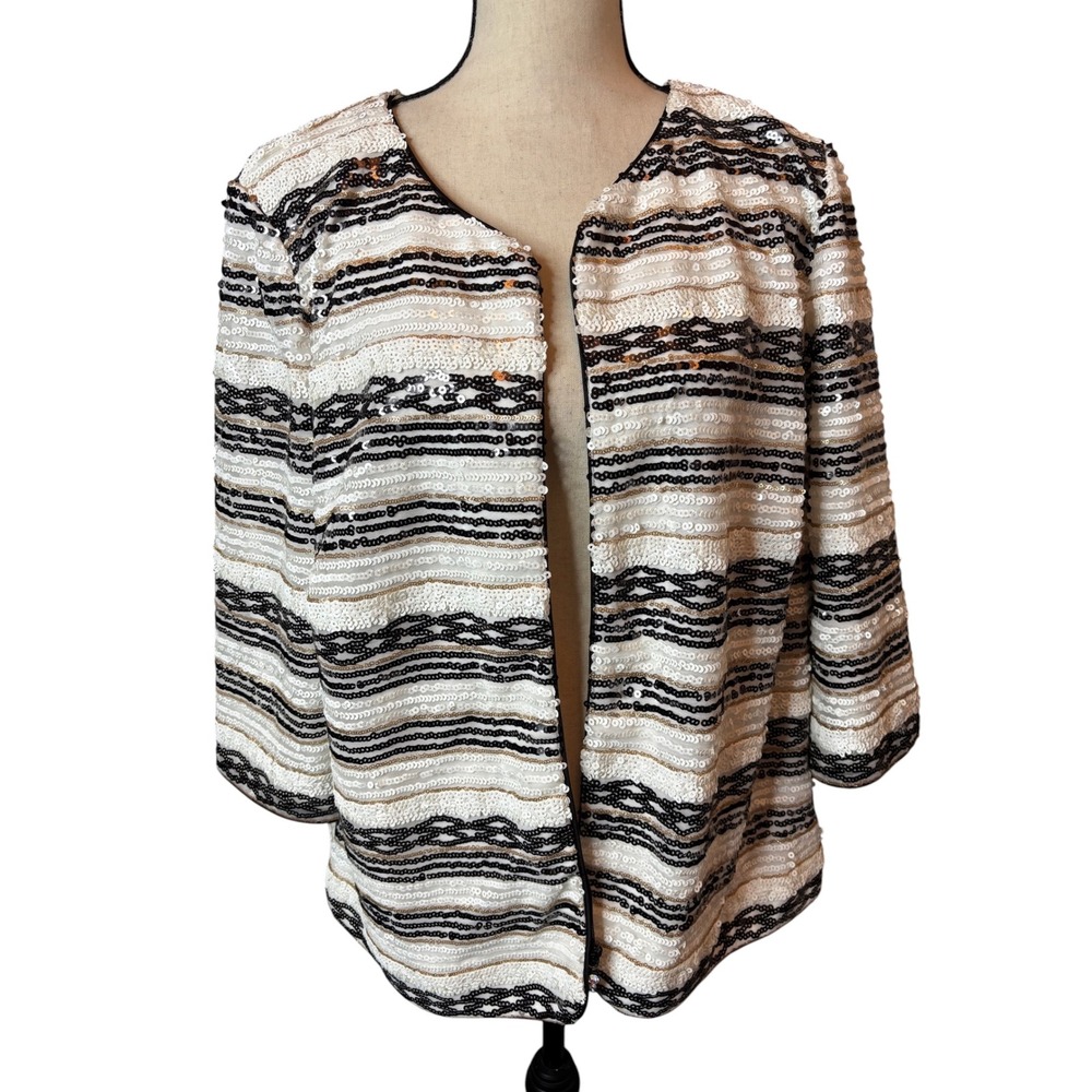 Alex Evenings Woman 2X Sequin Striped Open Front Jacket Black White Gold Sparkle
